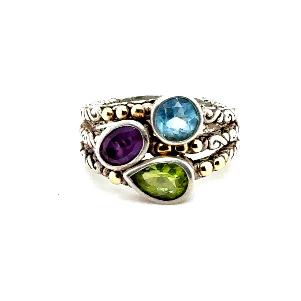 Effy 925 Sterling Silver 18k Gold Multi Gemstone Amethyst Peridot Topaz Ring 8